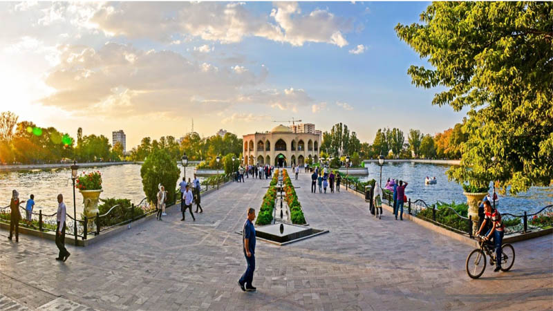 El-Guli Park and builiding in center of pool in sunset at summer in tabriz